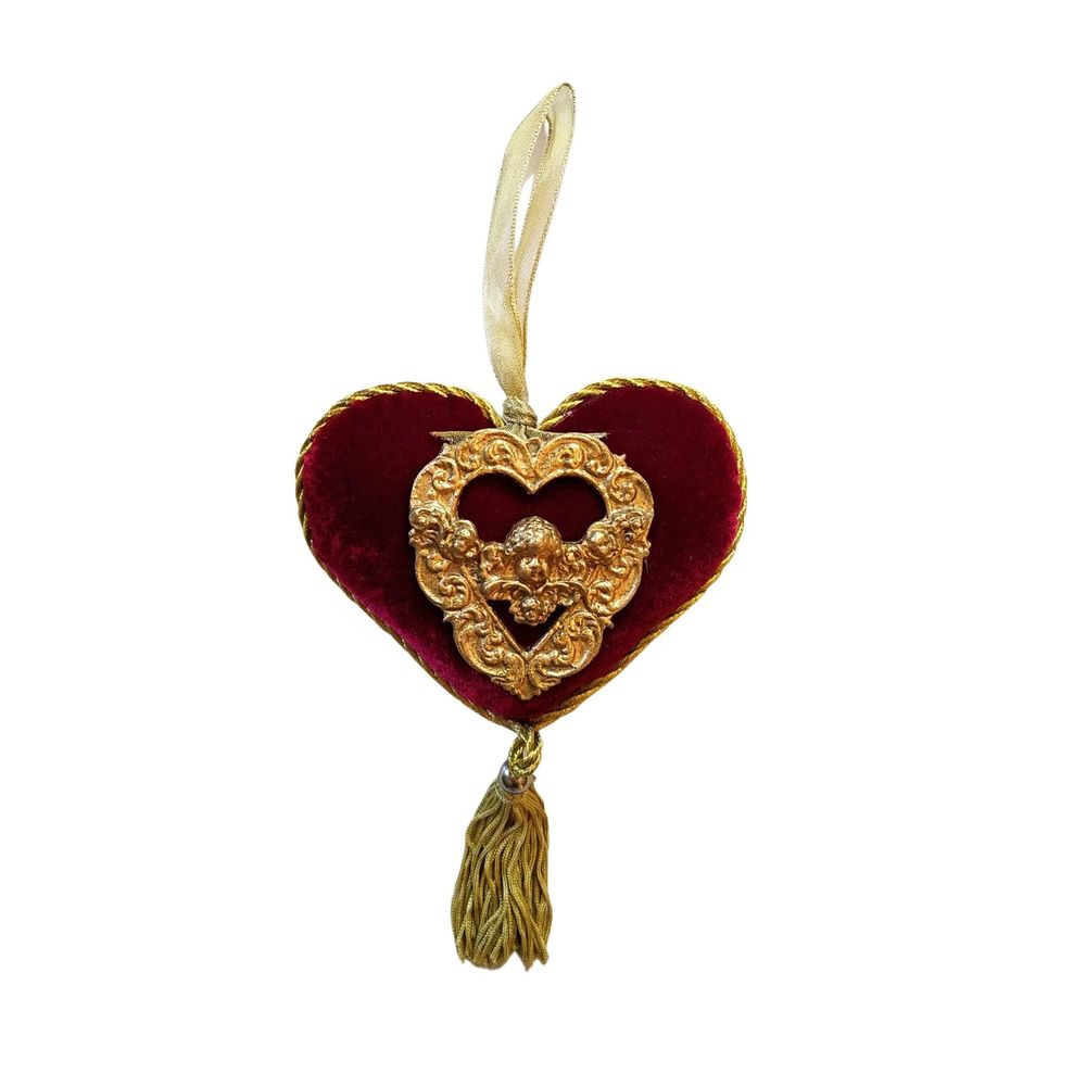 Vintage Fortunoff’s Heart Cherub Burgundy Velvet Gold Ornament Tassel RARE